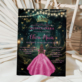 Verzauberter Wald Fuchsia Rosa Kleid XV Quinceañer Einladung