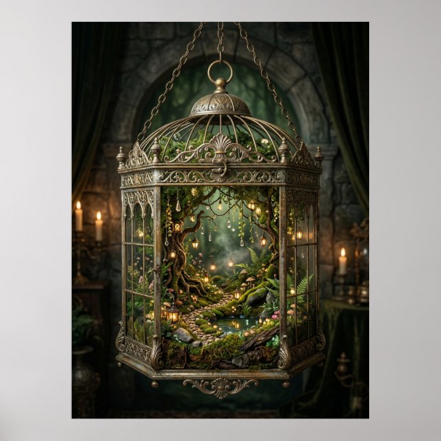 Verzauberter Wald im Vogelkäfig Poster (Vorne)