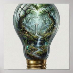 Verzauberter Wald in einer Glühbirne – Magisches N Poster