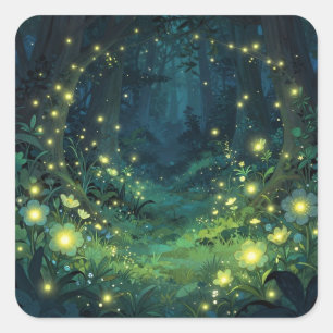 Verzauberter Wald Leuchten Magische Nacht Quadratischer Aufkleber