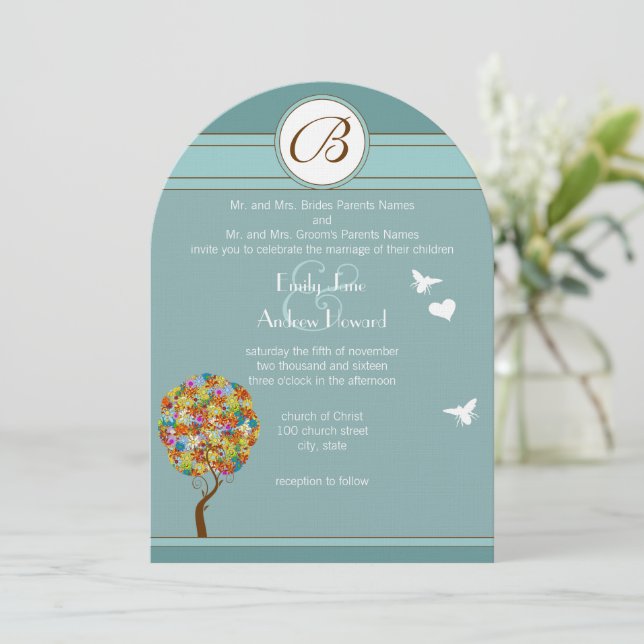 Verzauberter Wald Patchwork Blumenmärchen Baum Einladung (Stehend Vorderseite)