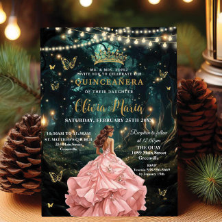 Verzauberter Wald Rosa Rosa Kleid Quinceañera 16 Einladung