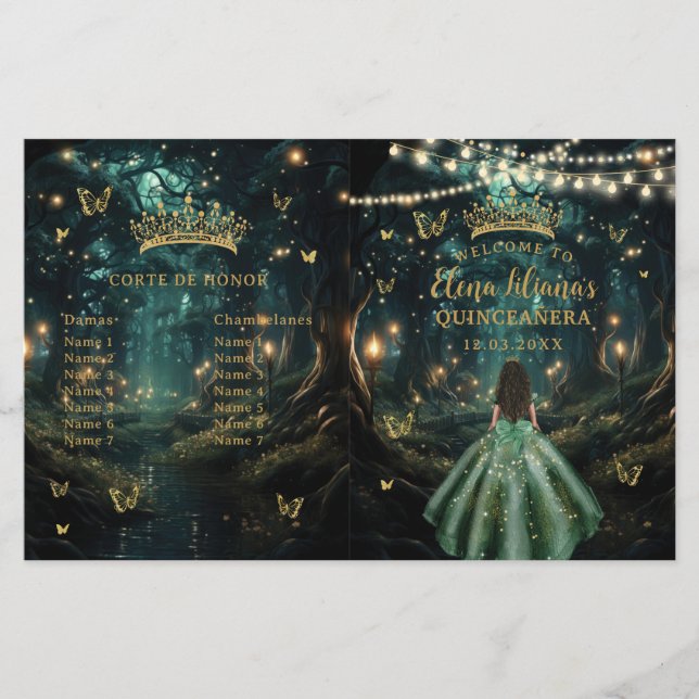 Verzauberter Wald Smaragdgrün Quinceanera-Programm (Vorderseite)