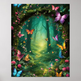 Verzauberter Waldmagic GREEN Schmetterlinge Blume Poster