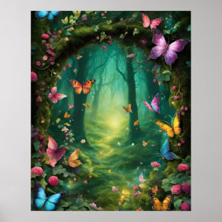 Verzauberter Waldmagic GREEN Schmetterlinge Blume Poster