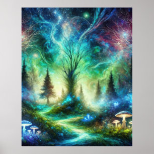 Verzauberter Waldweg Leuchtende Pilze Kosmischer H Poster