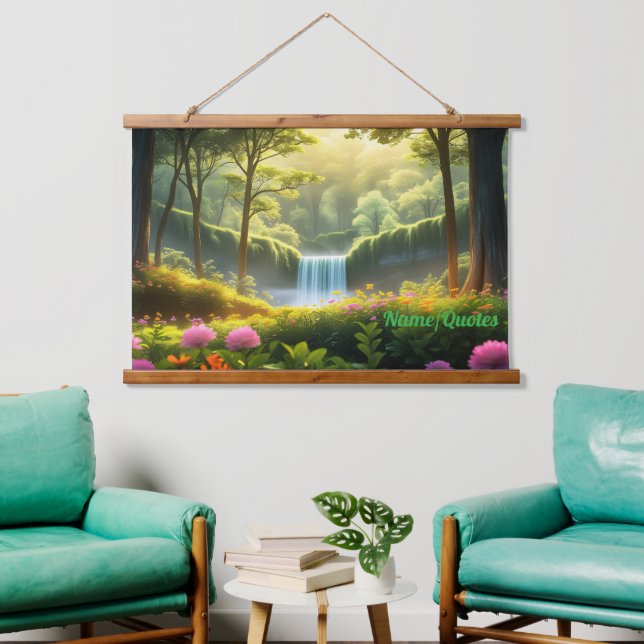 Verzauberter Wasserfall im Wald Wandteppich Mit Holzrahmen (Wohnzimmer)