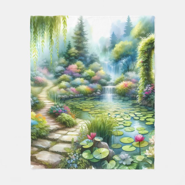 Verzauberter Wasserfallgarten-Lilienteich Fleecedecke (Vorderseite)