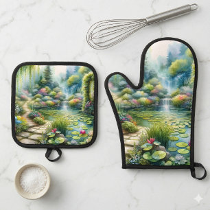 Verzauberter Wasserfallgarten Lilienteich Ofenhandschuh & Topflappen-Set
