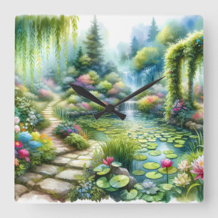 Verzauberter Wasserfallgarten-Lilienteich Quadratische Wanduhr