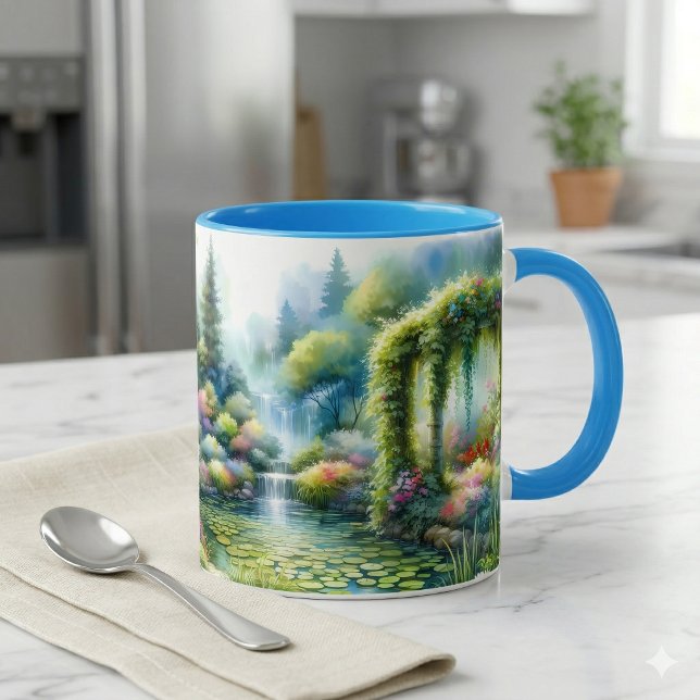 Verzauberter Wasserfallgarten Lilienteich Tasse (Enchanted Waterfall Garden Lily Pond Mug On Marble Counter)