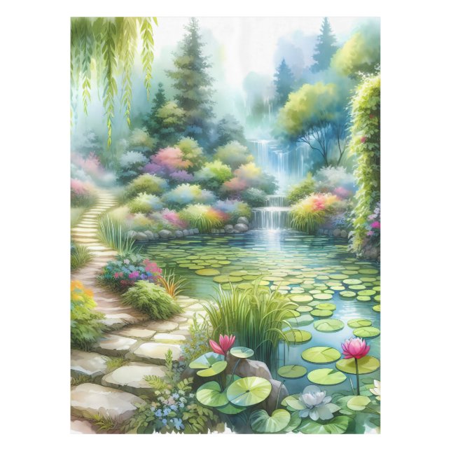Verzauberter Wasserfallgarten-Lilienteich Tischdecke (Vorderseite)