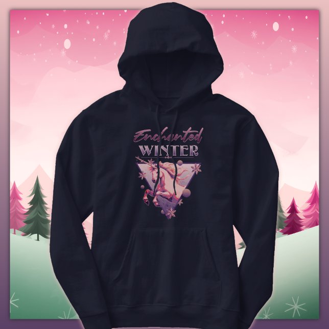 Verzauberter Winter Pink Unicorn Retro Hoodie (Von Creator hochgeladen)