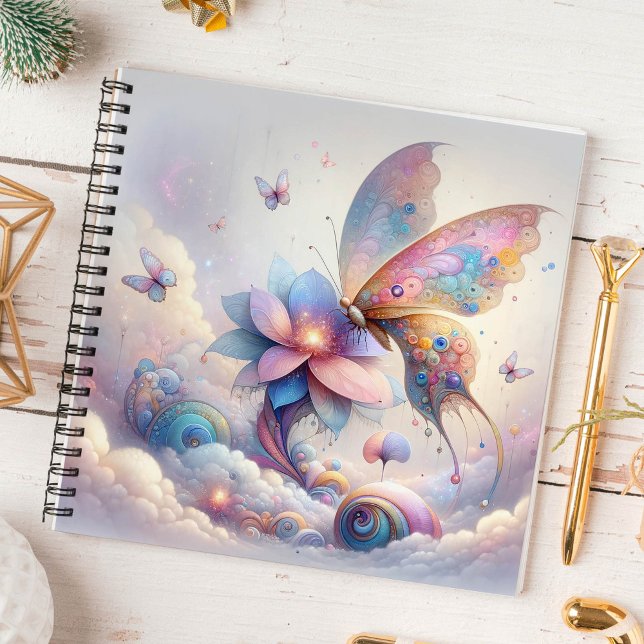 Verzaubertes Butterfly Spiral-Notebook Notizbuch (Butterfly notebook mystical flower pastel pink, blue purple)