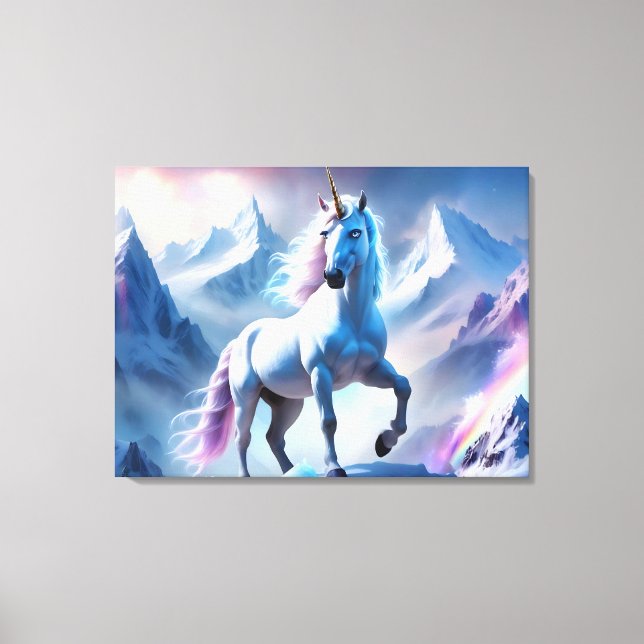 Verzaubertes Einhorn in einem Snowy Fantasy Poster Leinwanddruck (Vorderseite)