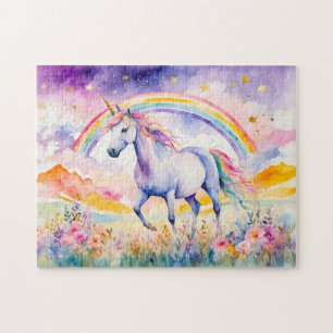 Verzaubertes Einhorn unter einem glühenden Regenbo Puzzle