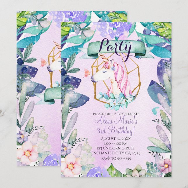 Verzaubertes Forest Fantasy Magical Unicorn Party Einladung (Vorne/Hinten)