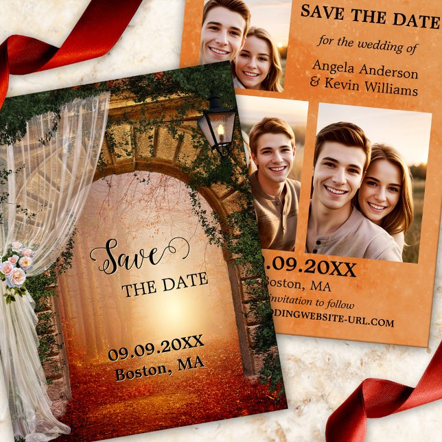 Verzaubertes Foto Save the Date Ankündigung (Photo Save the Date card featuring a Roman arch with lantern leading to an enchanted forest)
