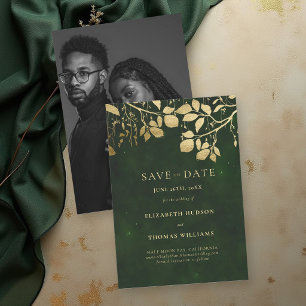 Verzaubertes goldenes Laub Jägergrün Foto-Hochzeit Save The Date