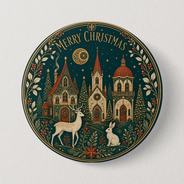 Verzaubertes goldenes Weihnachtsdorf Button (Vorderseite)