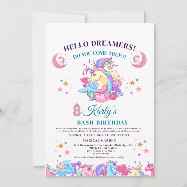 🌈 ✨ verzaubertes Unicorn 8. Karly Magical Birthda Einladung (Vorderseite)