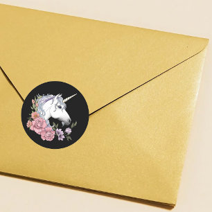 Verzaubertes Weißes Einhorn Blumen Pink Schwarz Runder Aufkleber