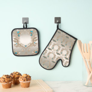 Verzieren Sie Gold Blue Stone Mitt & Pot Holder Se Ofenhandschuh & Topflappen-Set