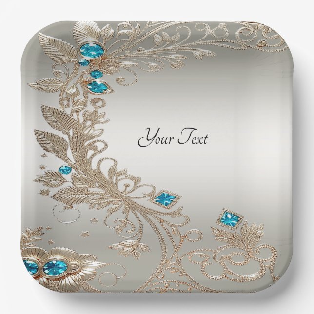 Verzieren Sie Gold Blue Stones Paper Plate Pappteller (Vorderseite)