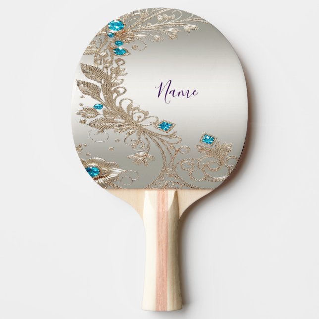 Verzieren Sie Gold Blue Stones Ping Pong Paddle Tischtennis Schläger (Vorderseite)