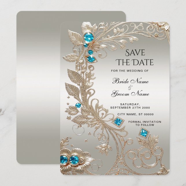 Verzieren Sie Gold Blue Stones Save the Date (Vorne/Hinten)