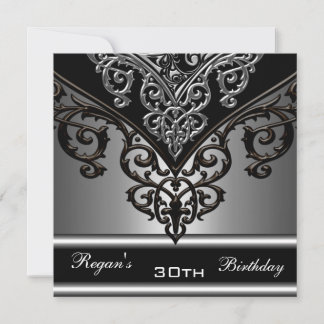 Verziert Black Gray Silver 30. Elegant Geburtstag Einladung