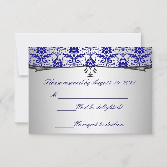 Verziert Blue Silver Damask RSVP-Karten RSVP Karte (Vorderseite)