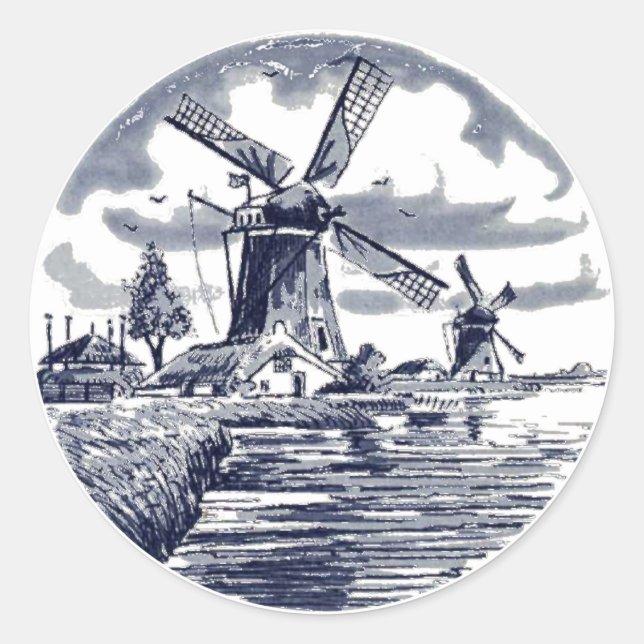 Verziert Chic Antique Dutch Delft Blue Windmill Runder Aufkleber (Vorderseite)
