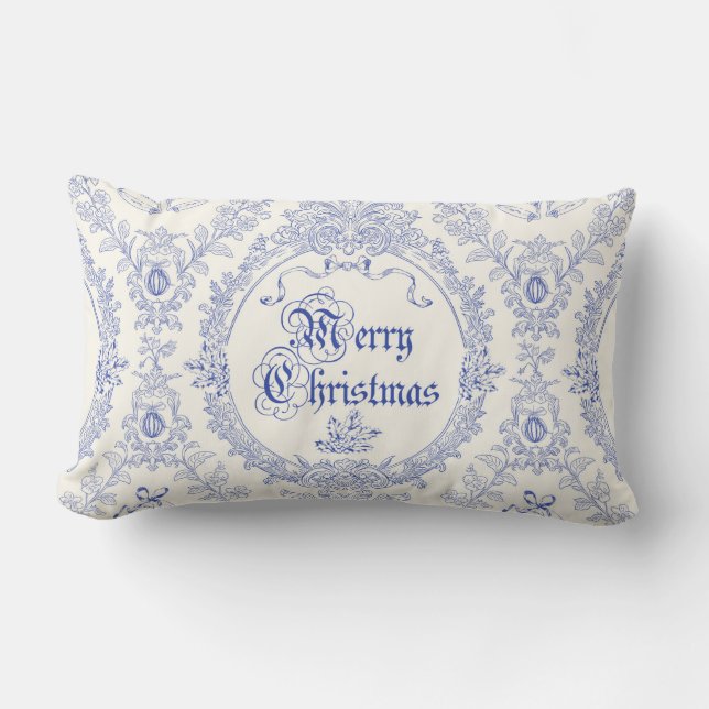 Verziert Classic Vintag Merry Christmas Blue Toile Lendenkissen (Vorderseite)