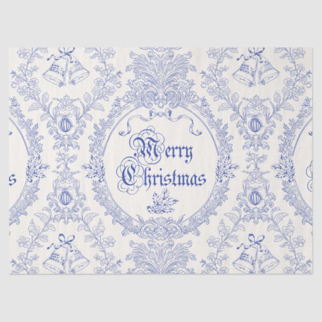 Verziert Classic Vintag Merry Christmas Blue Toile Seidenpapier (Vorderseite)