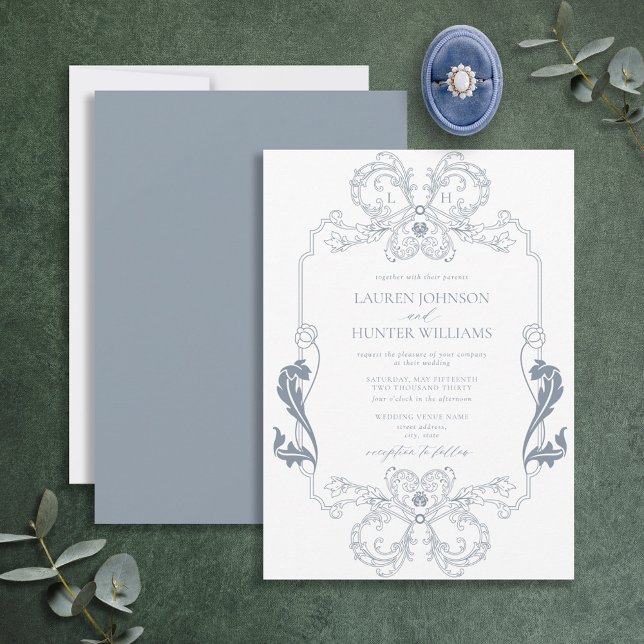 Verziert Dusty Blue Floral Line Art Monogramm Invi Einladung (Von Creator hochgeladen)