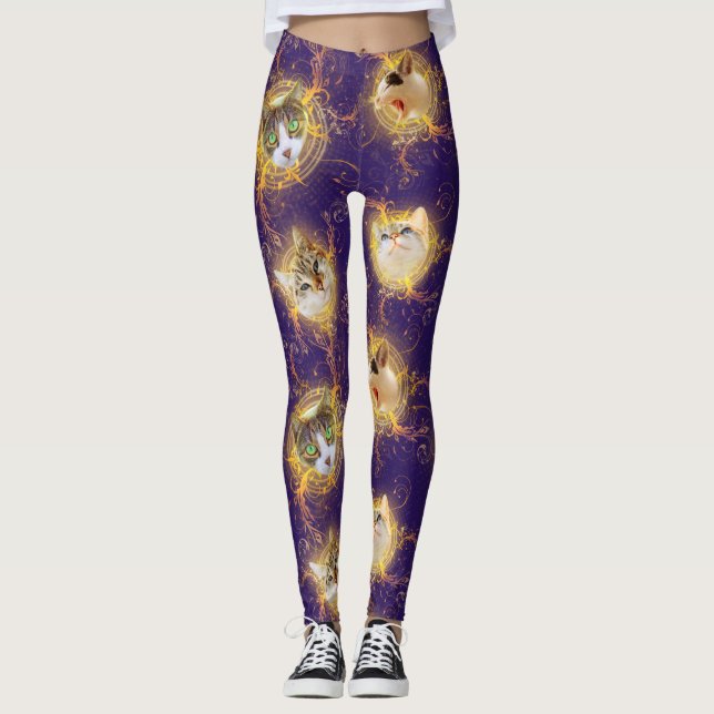 Verziert Floral Damask Niedlich Kitty Cat - Royal  Leggings (Vorderseite)