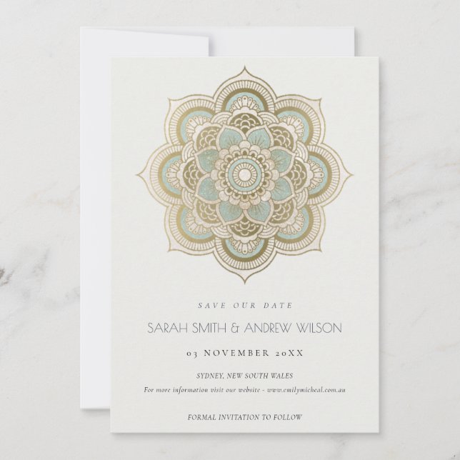 Verziert Gold Aquamarin Mandala Save the Date einl Dankeskarte (Vorderseite)