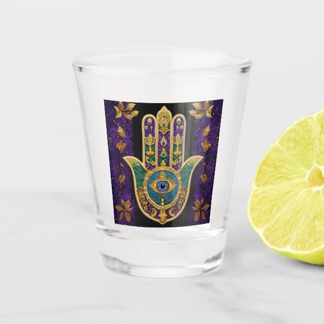 Verziert Gold Third Eye Hamsa Schnapsglas (Vorderseite)