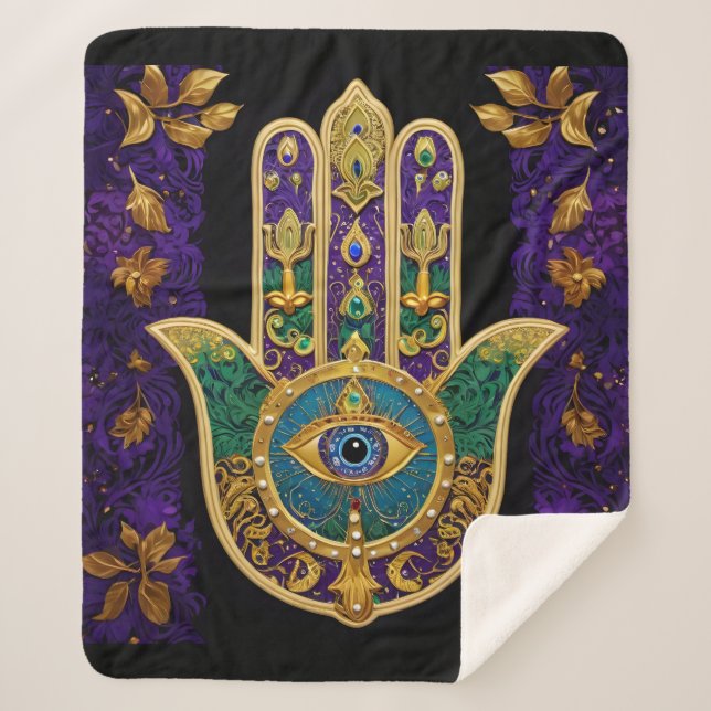 Verziert Gold Third Eye Hamsa Sherpadecke (Vorderseite)