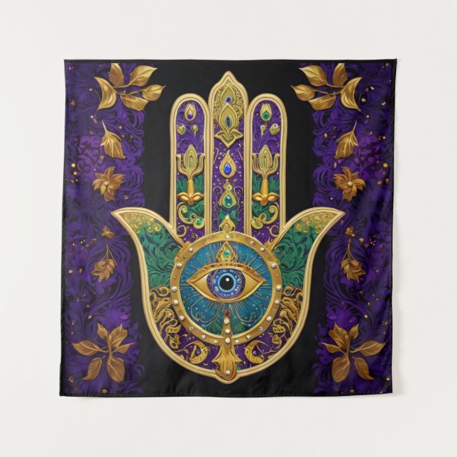 Verziert Gold Third Eye Hamsa Wandteppich (Vorderseite)