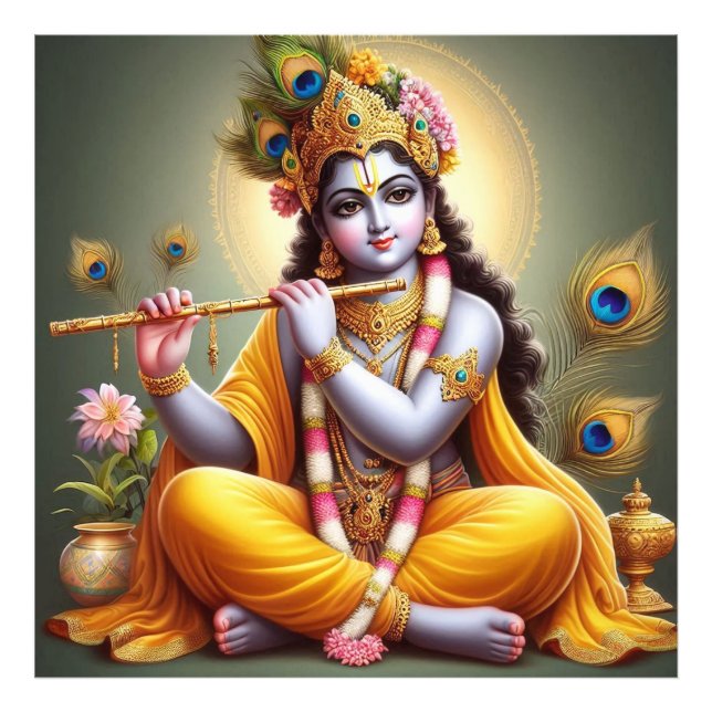 Verziert Golden Serene Krishna Kunstmuseum Fotodruck (Vorne)
