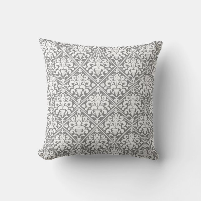 Verziert Grau-Weiße Damask Kissen (Vorderseite)