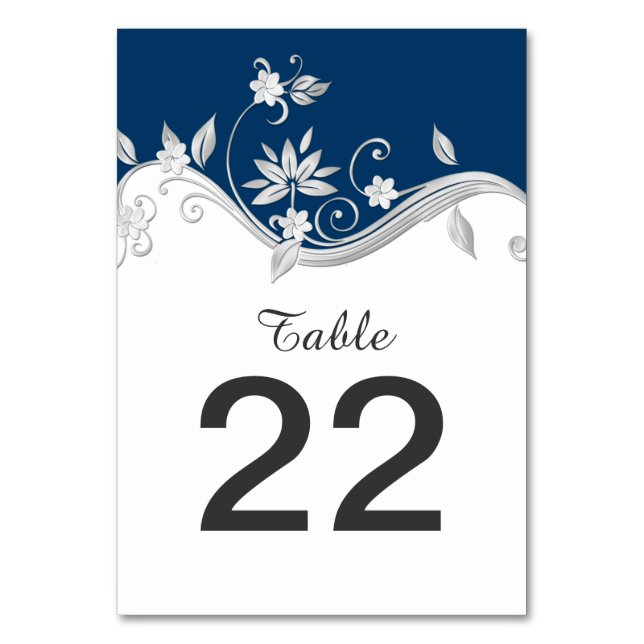 Verziert Navy Blue Silver White Blume Tischkarten Tischnummer (Vorderseite)