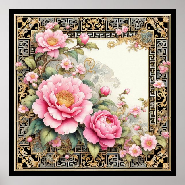 Verziert Pink Peony in extravagantem Chinoiserie R Poster (Vorne)