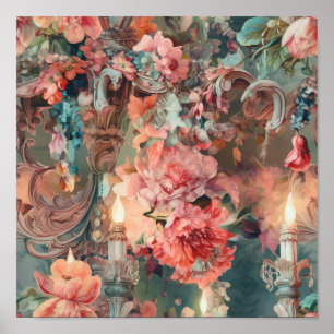 Verziert Rokoko Colorful Florals Poster