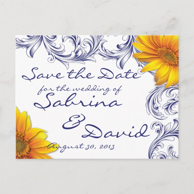 Verziert Royal Blue Yellow Sunflower Save the Date Ankündigungspostkarte (Vorderseite)