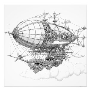Verziert Schwarz-weißer Steampunk Zeppelin Zeichne Fotodruck
