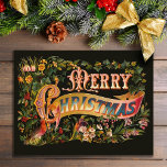 Verziert Vintage Weihnachten Gruß Postkarte<br><div class="desc">Die Weihnachtsgrüße mit verziertem Text auf einem Banner,  der mit heiligen Blume und Blätter geschmückt ist,  und einem Kardinal auf dunklem Olivenboden.</div>