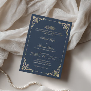 Verzierte Antike Rahmen Gold Navy Blau Nikah Zerem Einladung